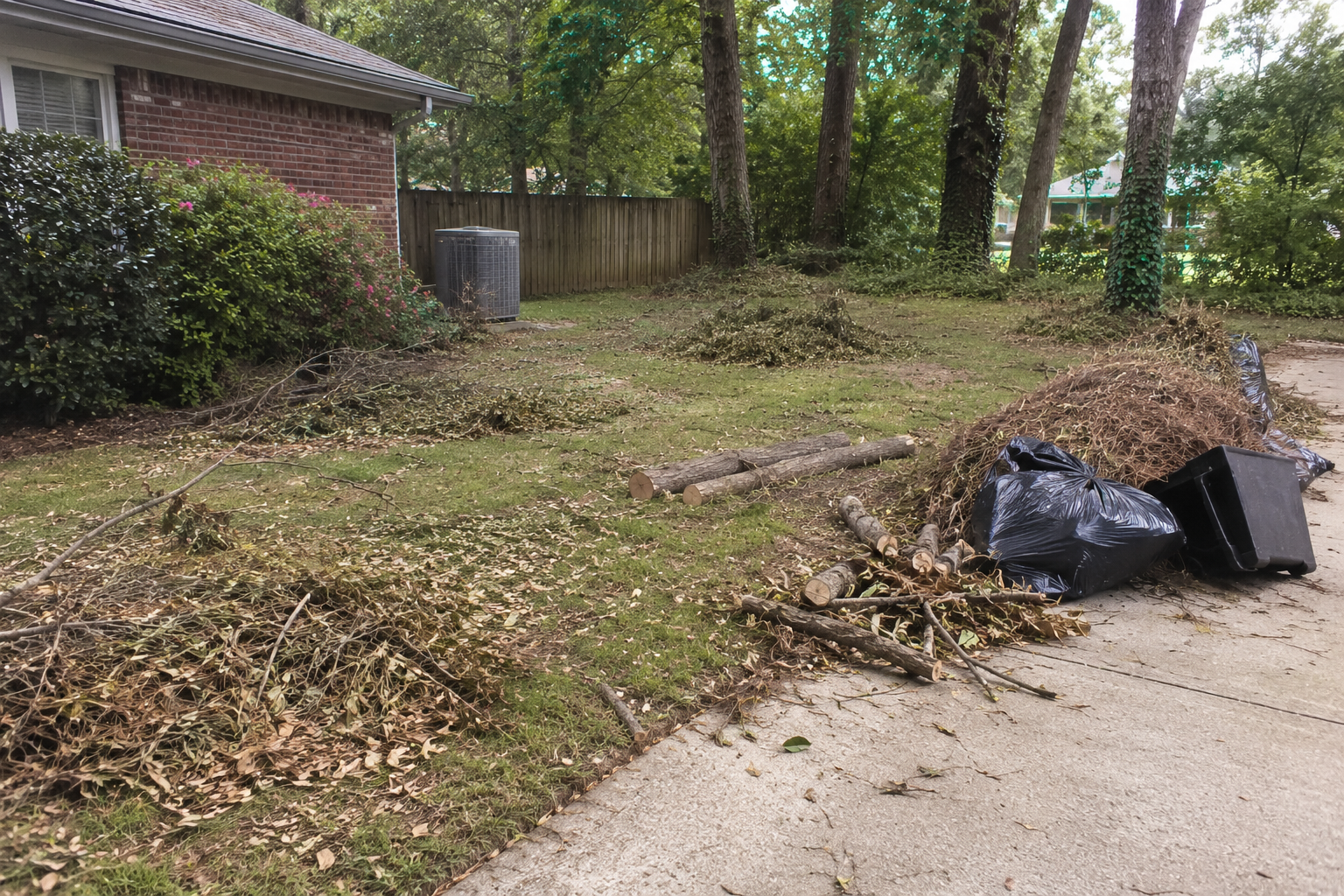 Yard debris and branches loaded for removal from a residential property
