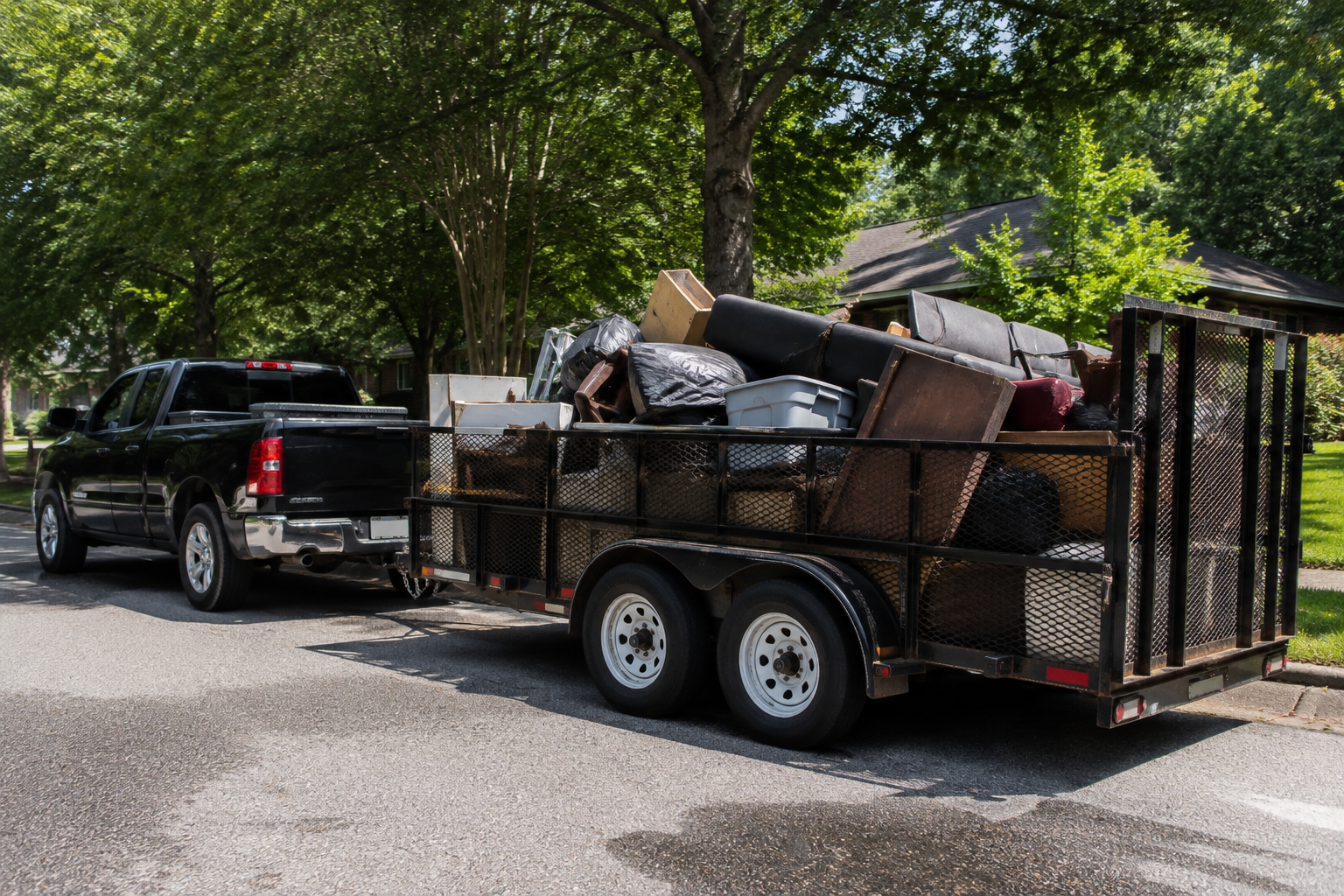 Utility trailer loaded with brush and property debris for hauling
